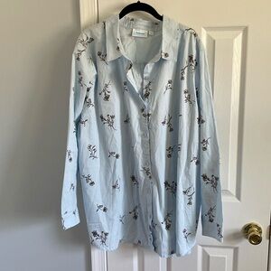 National Light Blue Button Front Shirt Brown Floral Design Women's Size 3X
